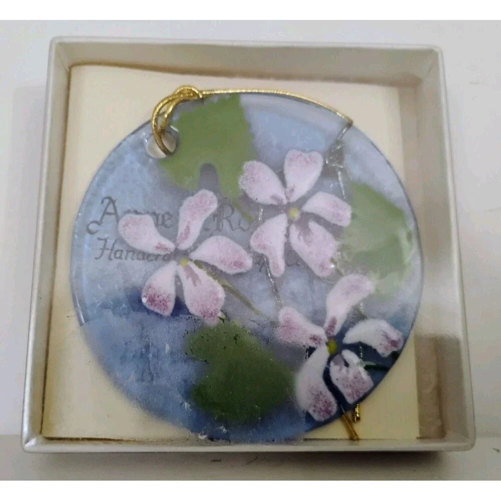 Anne C. Ross Studio Glass Hanging Ornament Purple Violets Signed Massachusetts